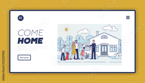 Real estate agency landing page design with cartoon family purchasing new house