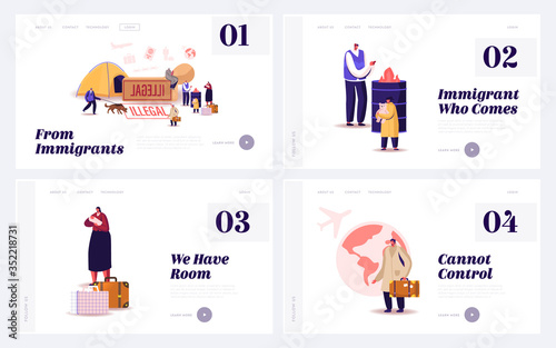 Problem of Illegal Immigration Landing Page Template Set. Adults and Kids Characters Cross Border, Immigration Control Service Searching Refugees Living on Street. Cartoon People Vector Illustration