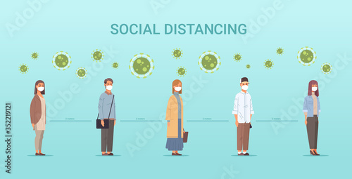 people in face masks men women standing line queue keeping distance to prevent covid-19 social distancing coronavirus pandemic health care concept horizontal full length vector illustration