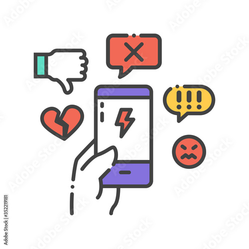 Cyberbullying victim hand holding smartphone. Abuse, internet, hate concept. Social media insult. Sign for web page, mobile app, button, logo. Editable stroke