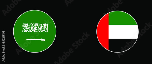 Saudi Arabia Flag and United Arab Emirates Flag Buttons symbolizing relationship rounded on isolated black for Middle East or Arabian Gulf push button concepts.	