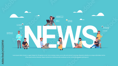 people using digital devices men women reading daily news communication mass media press concept horizontal full length copy space vector illustration