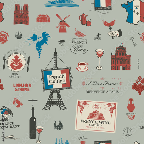 Vector abstract seamless pattern on the theme of France and French cuisine on a grey background in retro style. Suitable for wallpaper, wrapping paper, fabric, background, package
