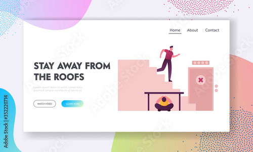 People during Earthquake Trying to Survive Landing Page Template. Scared Male Character Running Downstairs for Evacuation from Shaking Building, Man Sitting under Table. Cartoon Vector Illustration