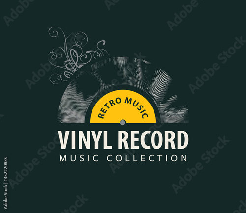Vector banner for retro music with old vinyl record and words Vinyl record, Music collection on the black background. Suitable for poster, flyer, brochure, card, invitation, placard