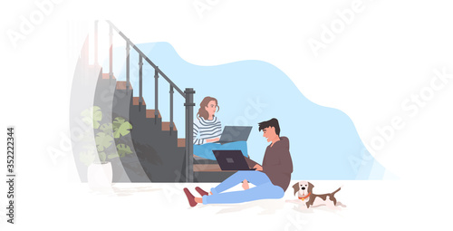 man woman using laptops couple sitting on staircase spending time together modern hallway interior horizontal isolated full length vector illustration