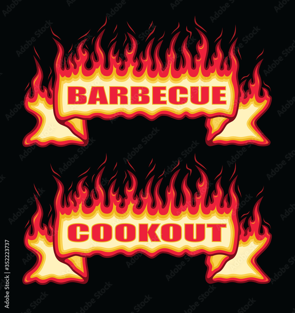 Barbecue Cookout Fire Flame Banner Straight Scroll is an illustration of a straight scroll flaming fire banner with barbecue or cookout text. Great promotional graphic for parties and cookouts.
