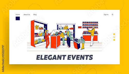 Minerals Exhibition Landing Page Template. Visitors Adults and Kids Characters Visiting Museum or Store with Different Stones and Crystalls Lying on Shelves, Buying. Linear People Vector Illustration photo