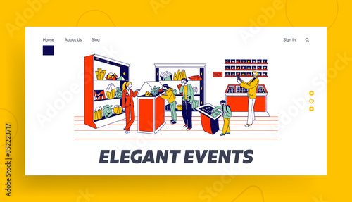 Minerals Exhibition Landing Page Template. Visitors Adults and Kids Characters Visiting Museum or Store with Different Stones and Crystalls Lying on Shelves, Buying. Linear People Vector Illustration