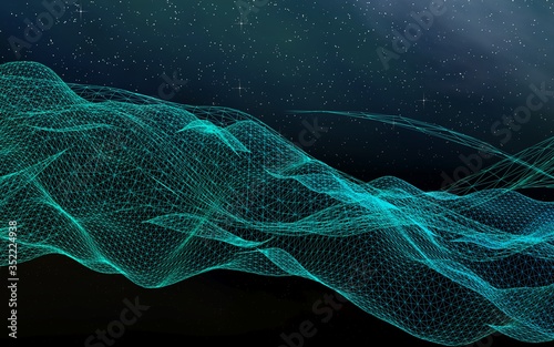 Abstract landscape on a dark background. Cyberspace grid. hi tech network. Outer space. Starry outer space texture. 3D illustration