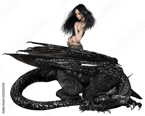 Fantasy illustration of a dark-haired female dragon tamer standing by a black dragon, 3d digitally rendered illustration
