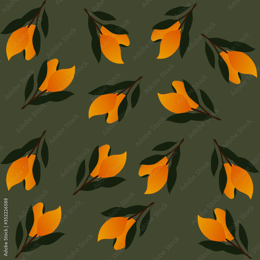 Seamless pattern of yellow fruits, the leaves on the branches. Dark grey background with yellow mango. Seamless pattern of yellow fruits, the leaves on the branches. Dark grey background with yellow mango.