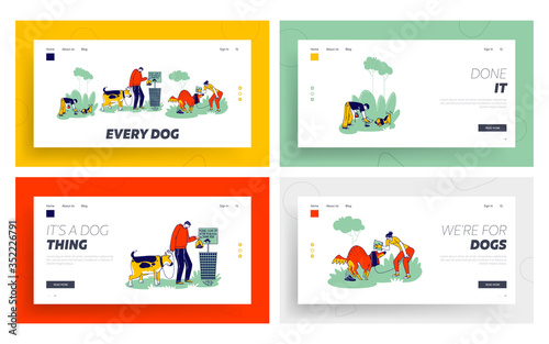 Dog Owners Clean Up Feces After Pets on Street Landing Page Template Set. Characters Use Polyethylene Bag to Pick Up Excrements and Throw to Bin, Responsibility. Linear People Vector Illustration photo