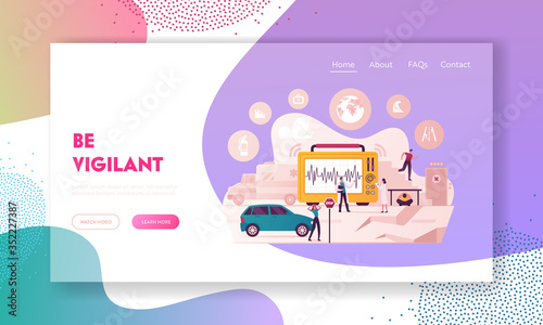 Earthquake Landing Page Template. Characters Evacuating from Crashing Buildings, Hiding under Table, Scientists Learn Richter Scale Seismic Activity, Car on Street. Cartoon People Vector Illustration
