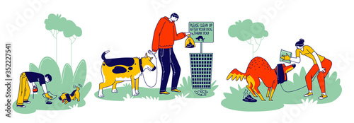 Dog Owners Clean Up Feces After Pets on Street. Men or Women Characters Using Polyethylene Package to Pick Up Excrements and Throw to Litter Bin, Responsibility. Linear People Vector Illustration photo