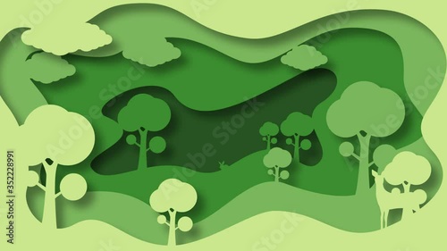 Green forest paper craft silhouette style with deers and trees animation