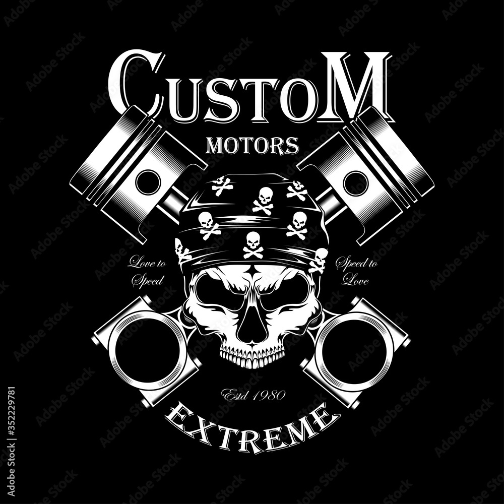 Vector image of a motorcycle emblem with a skull and pistons. Black and white image on a black background.