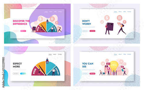 Credit Score Rating and Brand Awareness Landing Page Template Set. Creditworthiness for Loan, Mortgage and Payment Card. Characters Choose Credit, Attract Buyers. Cartoon People Vector Illustration