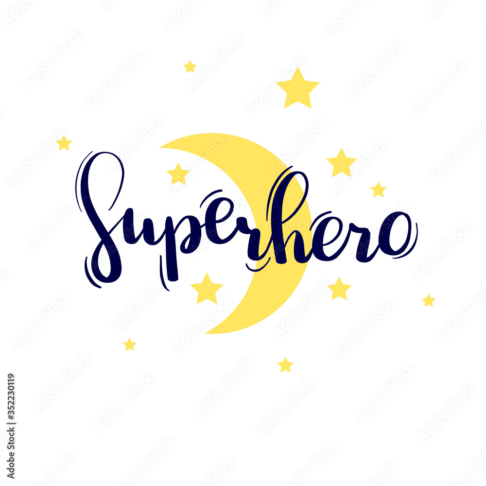 Hand drawn calligraphy word Superhero with moon and yellow stars Hand drawn calligraphy word Superhero with moon and yellow stars