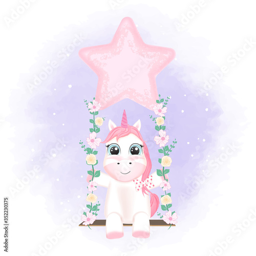 Cute unicorn on swing hand drawn cartoon animal illustration