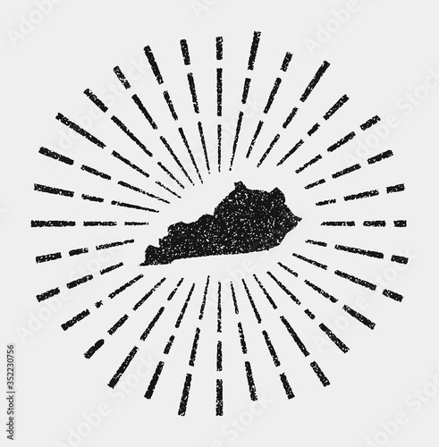 Vintage map of Kentucky. Grunge sunburst around the US state. Black Kentucky shape with sun rays on white background. Vector illustration.