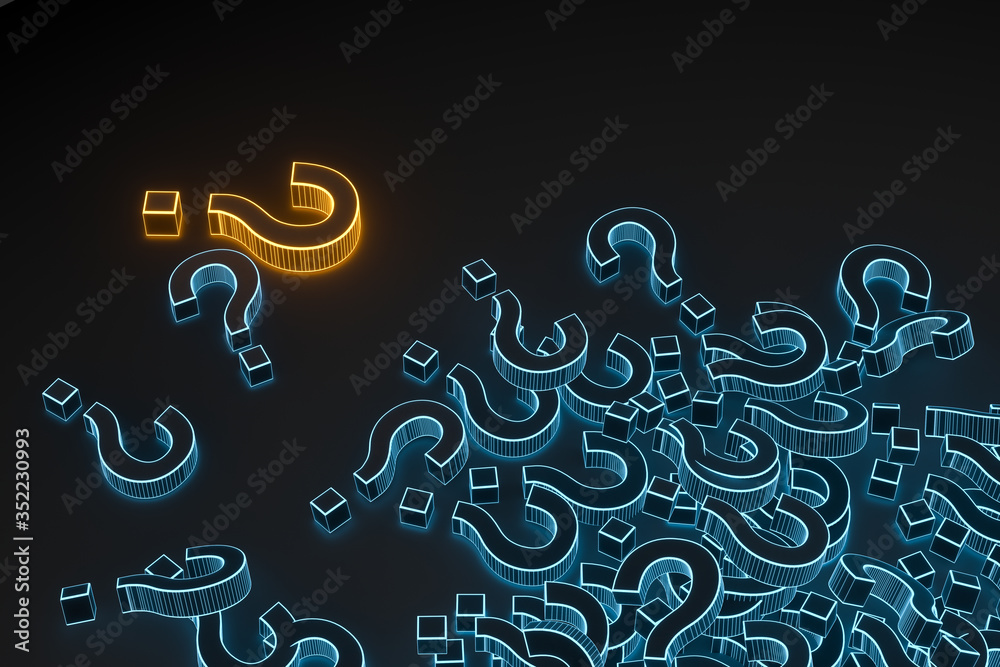 Glowing question marks with dark background, 3d rendering. Glowing question marks with dark background, 3d rendering.