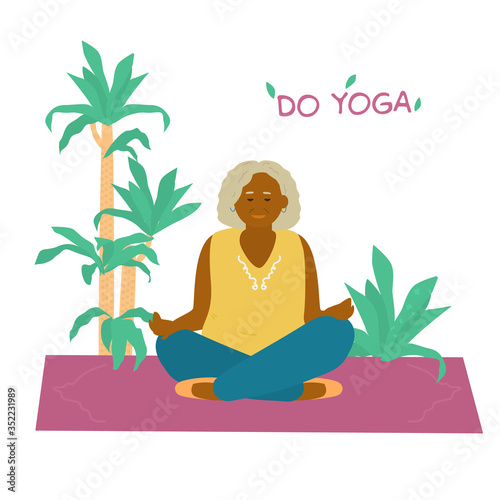 Smiling african old lady meditating on yoga mat surrounded with plants. Motivational banner for seniors. Flat vector illustration.