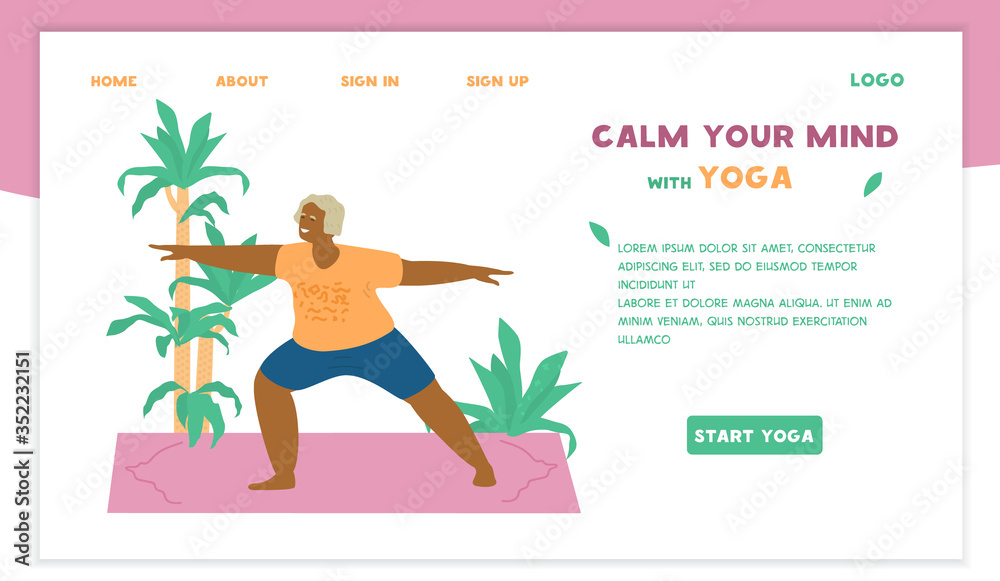 Yoga for seniors vector website template.Smiling african american old lady in warrior pose practicing on yoga mat surrounded with plants. Motivational banner for seniors. Flat design. Yoga for seniors vector website template.Smiling african american old lady in warrior pose practicing on yoga mat surrounded with plants. Motivational banner for seniors. Flat design.