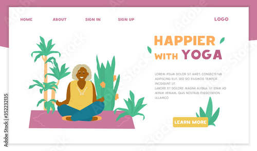 Yoga for seniors vector  website template. Smiling afro american old lady meditating on yoga mat surrounded with plants. Flat design.