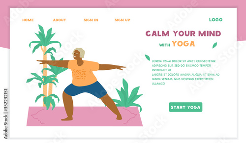 Yoga for seniors vector website template.Smiling african american old lady in warrior pose practicing on yoga mat surrounded with plants. Motivational banner for seniors. Flat design.