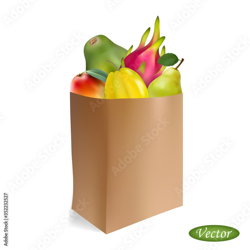 Bag of tropical fruits isolated on a white background. Natural fruits in a realistic style. Carambola, mango, pear, dragon fruit, papaya in package. Sweet exotic eat. Vector illustration products 3D.