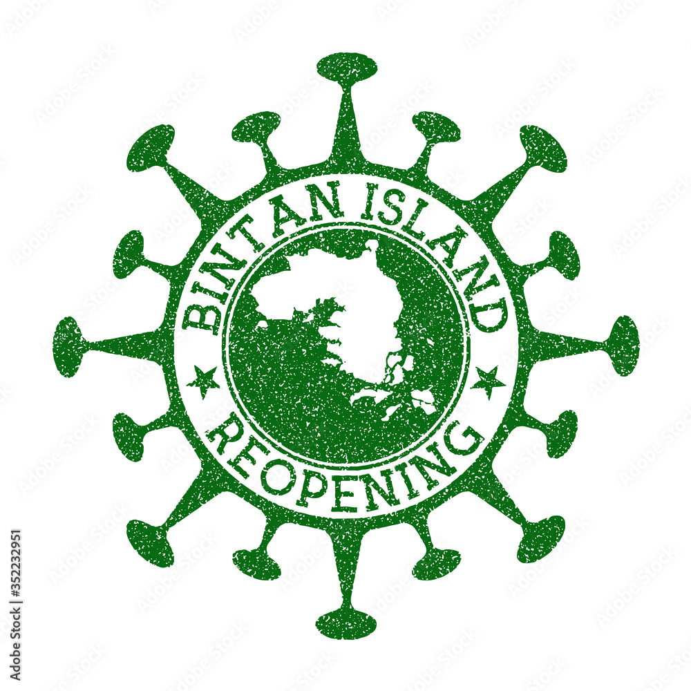 Bintan Island Reopening Stamp. Green round badge of island with map of Bintan Island. Island opening after lockdown. Vector illustration. Bintan Island Reopening Stamp. Green round badge of island with map of Bintan Island. Island opening after lockdown. Vector illustration.