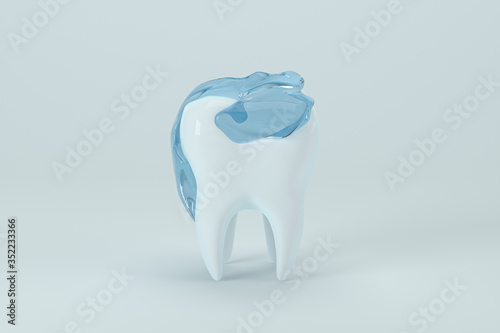 White tooth with blue liquid on it  3d rendering.
