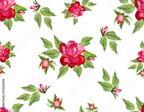 Watercolor illustration of a rose with leaves and buds. Seamless . For cards, pattern on fabric.