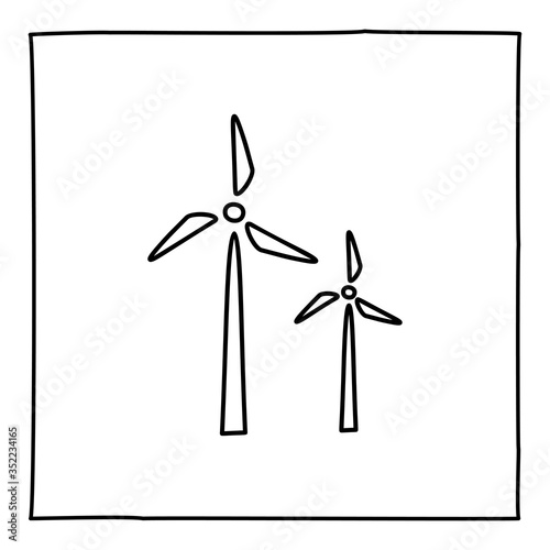 Doodle windmill icon or logo, hand drawn with thin black line.
