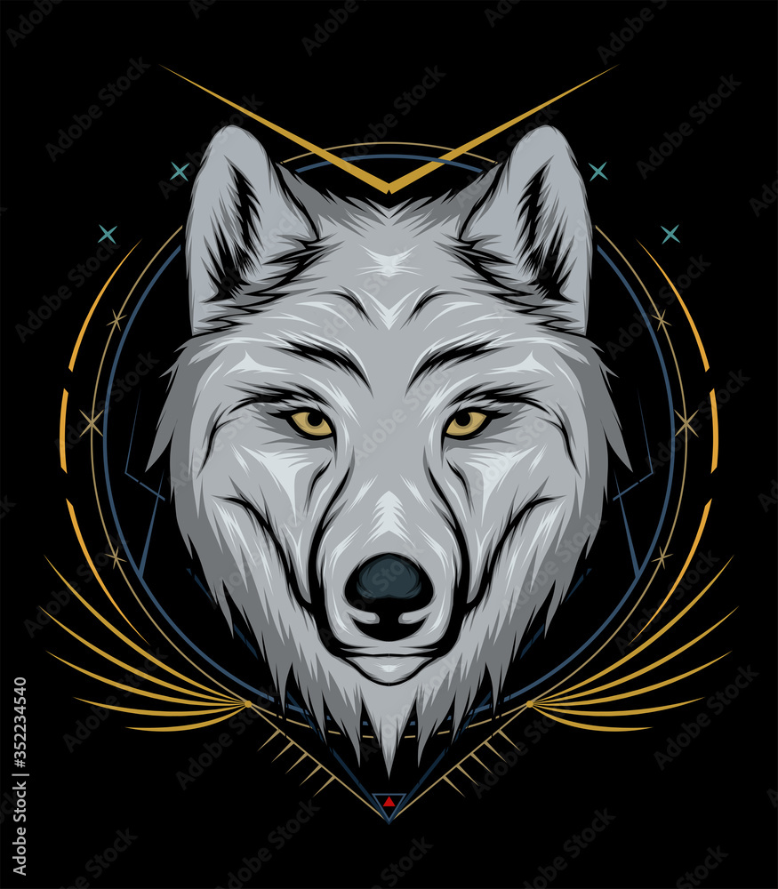 wolf face design. Wolf mascot logo. Frontal symmetric image of wolf