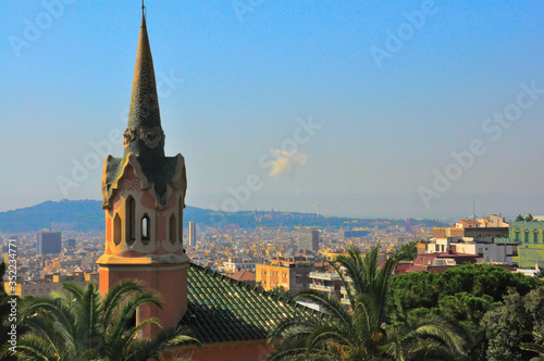 Park Guell with view on Barcelona while sunset