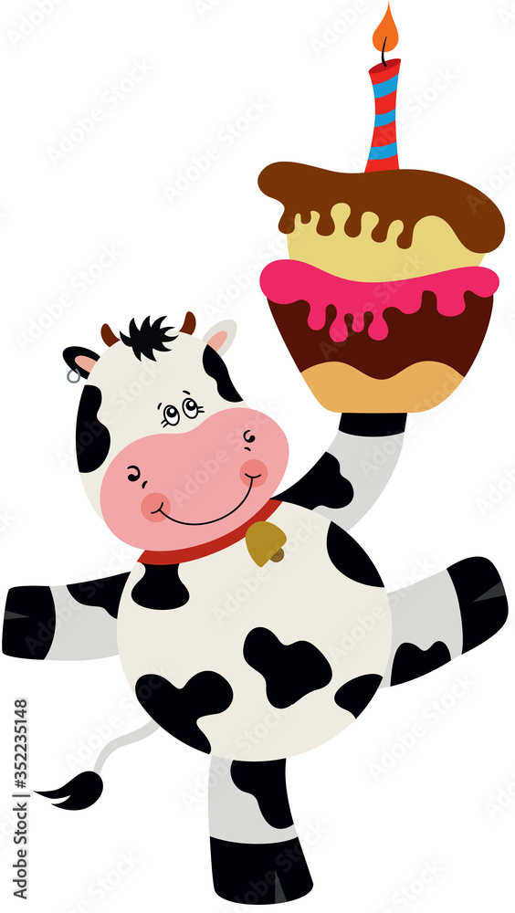 Fototapeta premium Cute cow carrying birthday cake