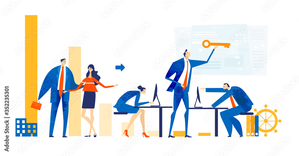 Business people working together in office, analysing data,  negotiating, solving the problems, supporting a project and making progress in business. Business concept illustration.