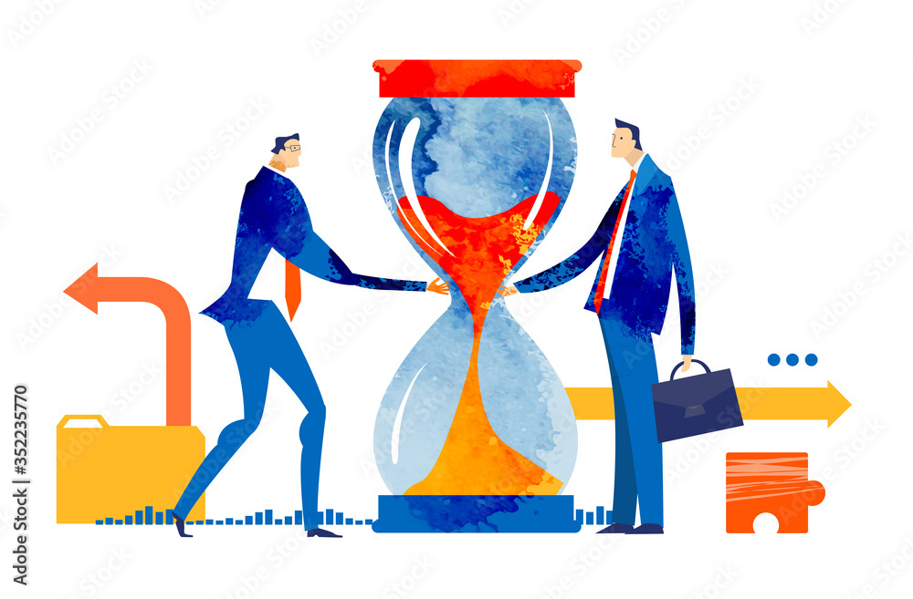 Business people handshake as symbol of finding solution and make a progress. Working together. Business concept illustration.   - obrazy, fototapety, plakaty 