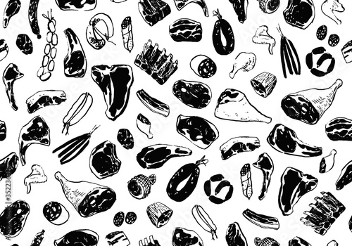Seamless pattern with drawings of meat cuts and sausages. Meat wrapping paper design