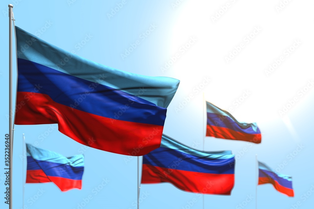 pretty labor day flag 3d illustration. - 5 flags of Luhansk Peoples Republic are waving against blue sky picture with soft focus pretty labor day flag 3d illustration. - 5 flags of Luhansk Peoples Republic are waving against blue sky picture with soft focus