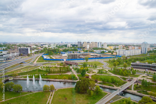 Top view of the city landscape. Buildings and roads in summer. 24 May 2020. Minsk. Belarus