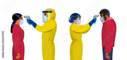 Body temperature check. Medics in protective suits holding infrared forehead thermometer before man and woman. Vector illustration.
