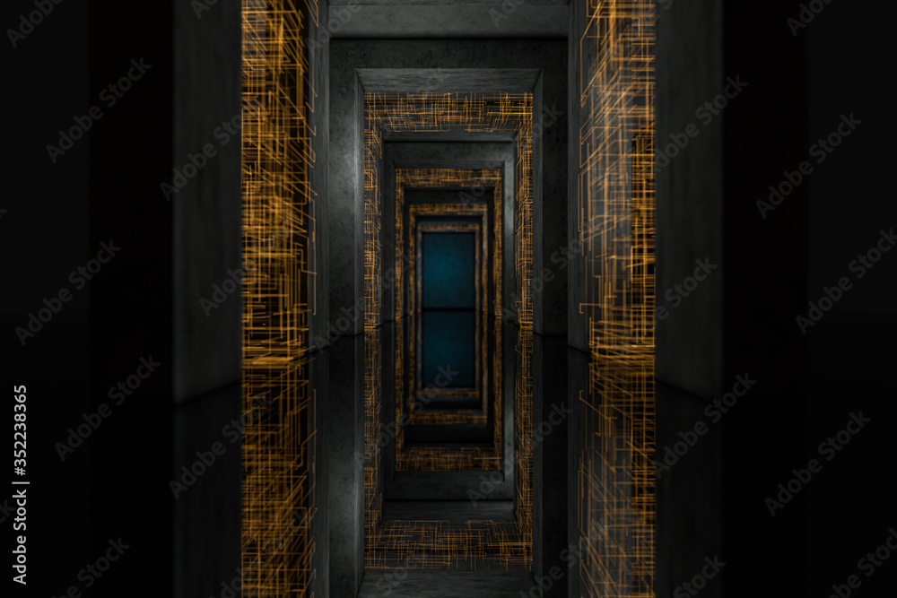 Dark tunnel with golden circuit lines, 3d rendering. Dark tunnel with golden circuit lines, 3d rendering.