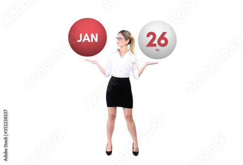 January 26th calendar background. Day 26 of jan month. Business woman holding 3d spheres. Modern concept.