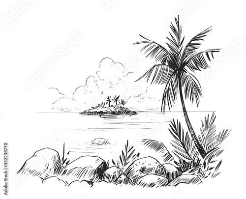 Wallpaper Mural Sketch of a tropical beach with palm trees and the sea. Hand drawn illistration converted to vector Torontodigital.ca
