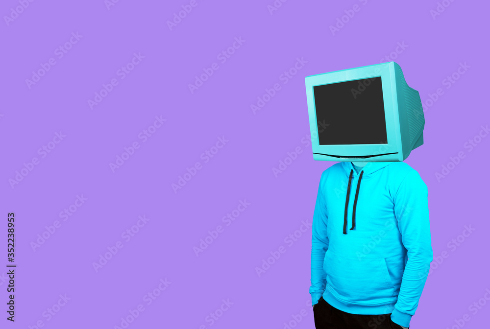 Concept art collage. Man with pc display on purple background. Concept art collage. Man with pc display on purple background.