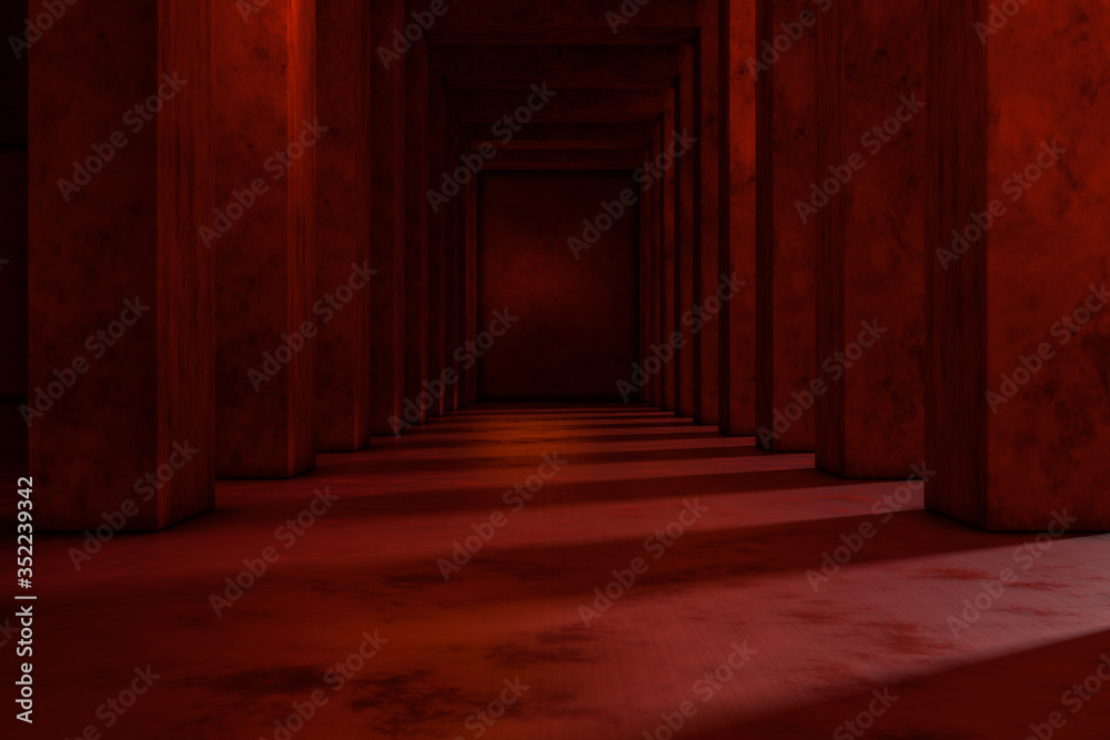 Red cement tunnel with light from the side, 3d rendering.
