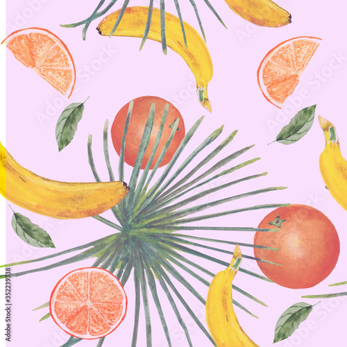 Fototapeta Naklejka Na Ścianę i Meble -  Watercolor illustration of fruits and exotic leaves. Seamless. For cards